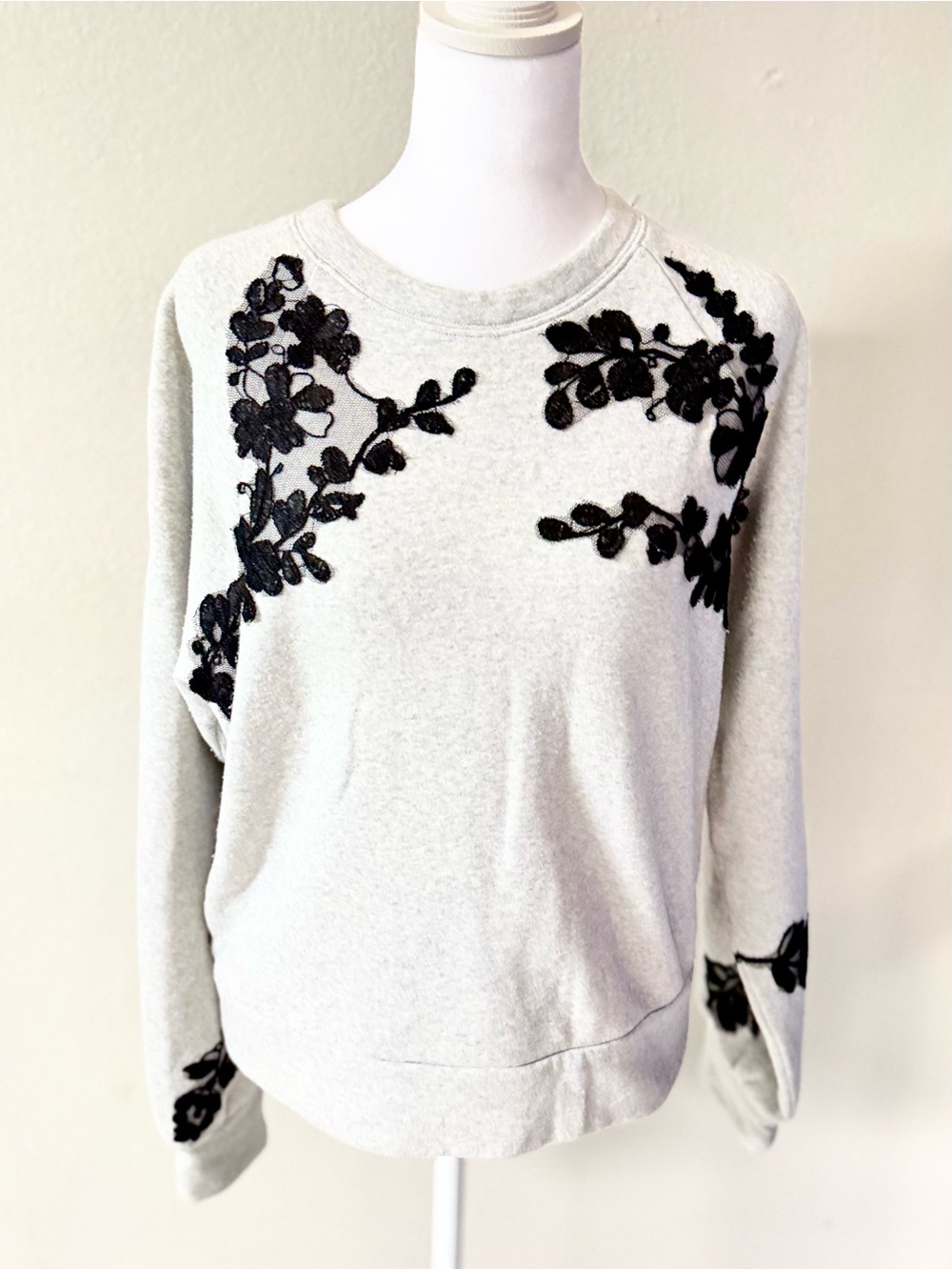 Express Gray Sweatshirt with Black Floral Lace Appliqué | Elegant Cozy Pullover